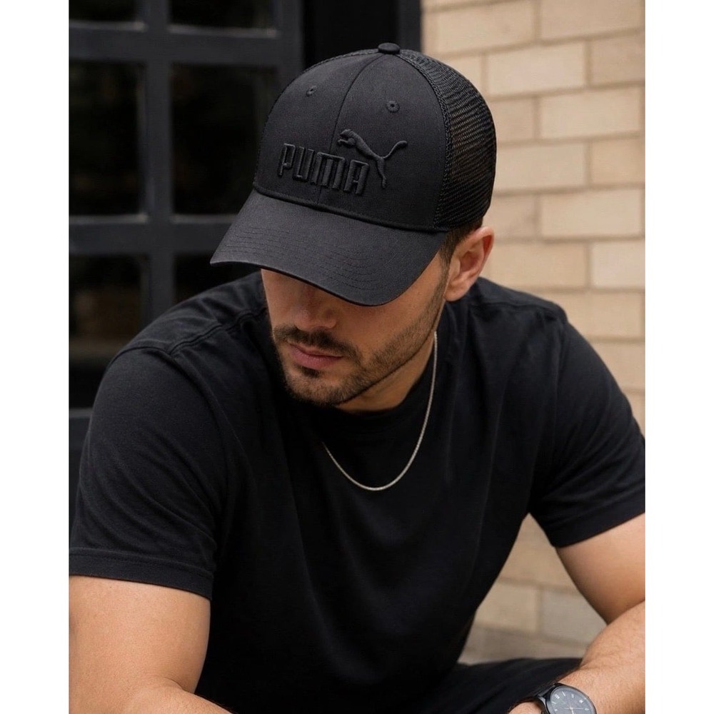 PUMA Black Trucker Hat Snapback Tonal Logo Mesh Back Unisex Baseball Cap New